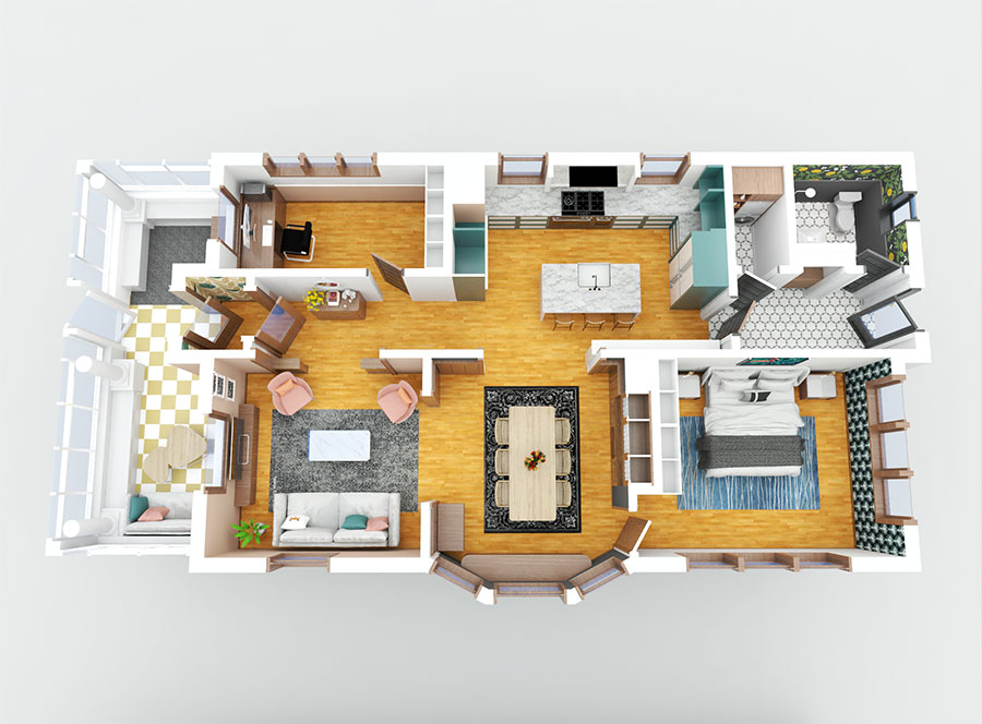 3D real estate floor plans with furniture, color and texture
